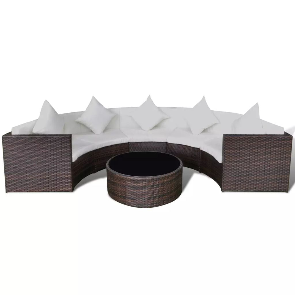 Kepooman 2 Pieces Outdoor Patio Rattan Half-Round Sofa Set with Glass Top Table, Brown