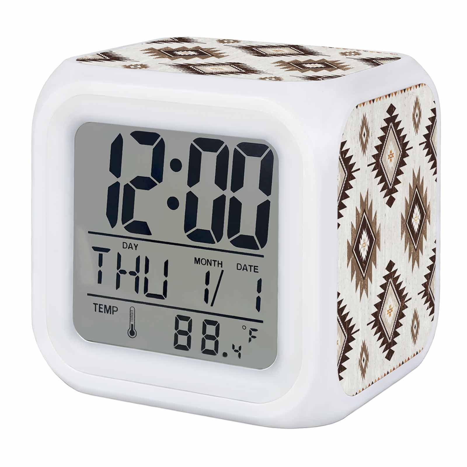 Alarm Clocks Brown Boho Aztec Digital Clock 7 Color LED Night Light Silent Non-Ticking Battery Operated Southwest Tribal Style Cube Clocks Decorative for Bedroom Bedside Living Room Office School