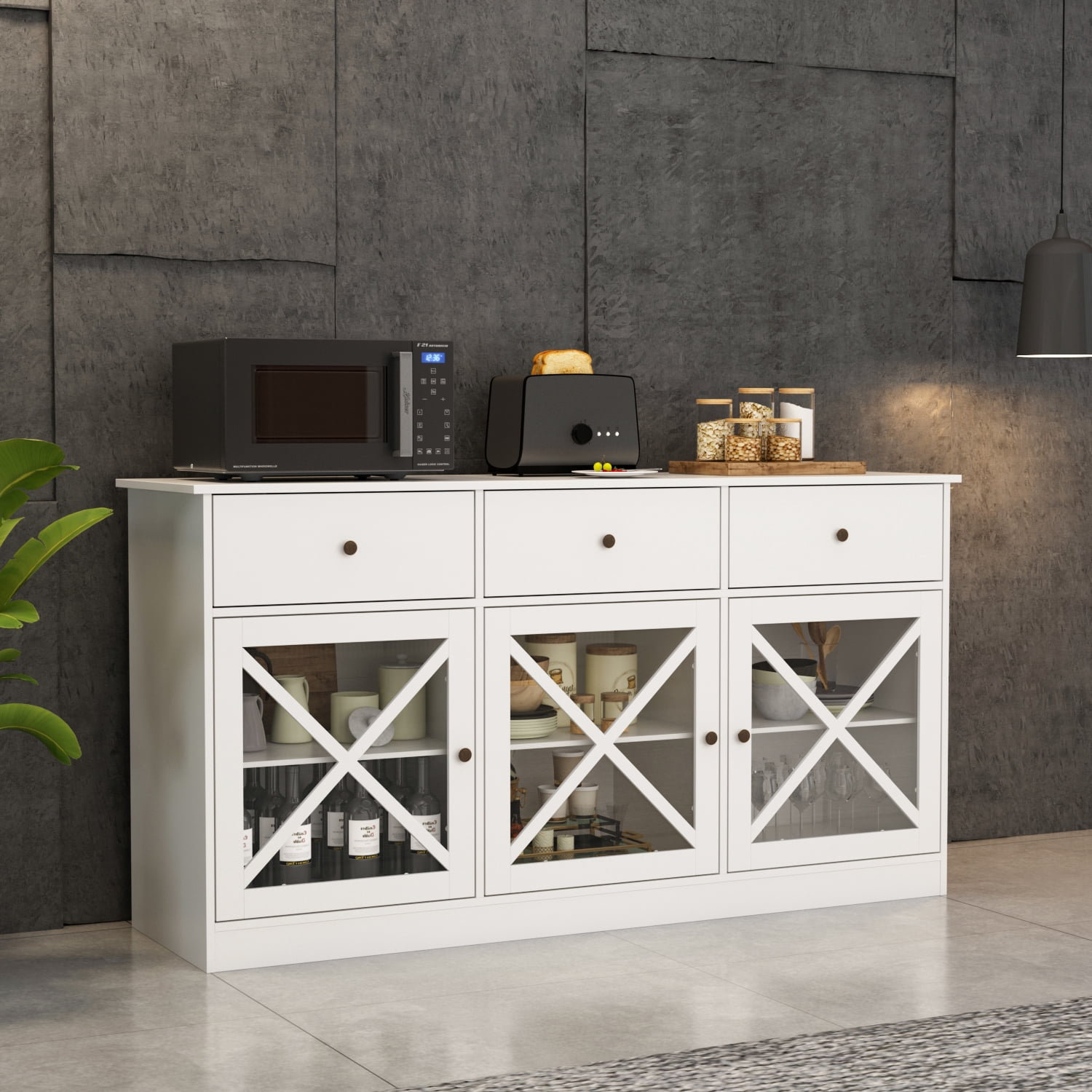 FUFU&GAGA Sideboard Buffet Storage with 3 Drawers,Glass Door