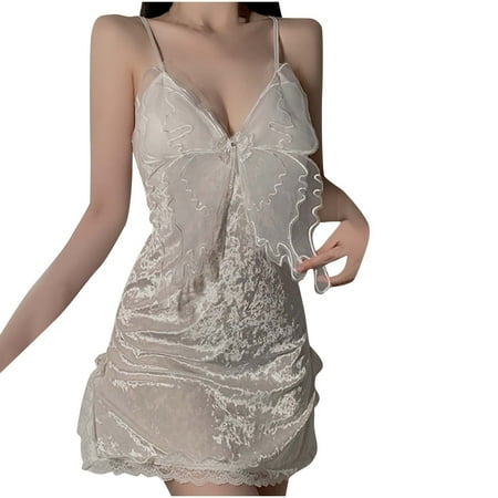 Women Sexy Lace Butterfly Nightwear Velvet Babydoll Bodycon Midi Dress 2025 Backless Pajamas Nightdress Y2K Clothes
