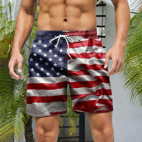 Vetsdori Mens Big and Tall Swimming Trunks Summer Board Shorts Swimwear Elastic Waist 4th of July,Independence Day Flag Casual Swim Shorts for Men Drawstring,L