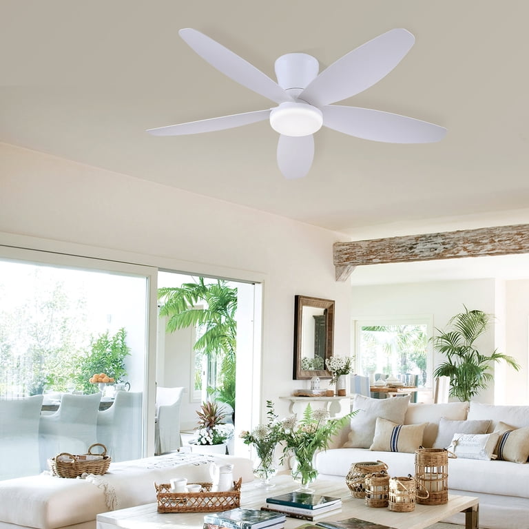 36" Low Profile Ceiling Fan With Light & Remote – White Flush Mount, 6-Speed Quiet DC Motor, 3CCT, Indoor/Outdoor