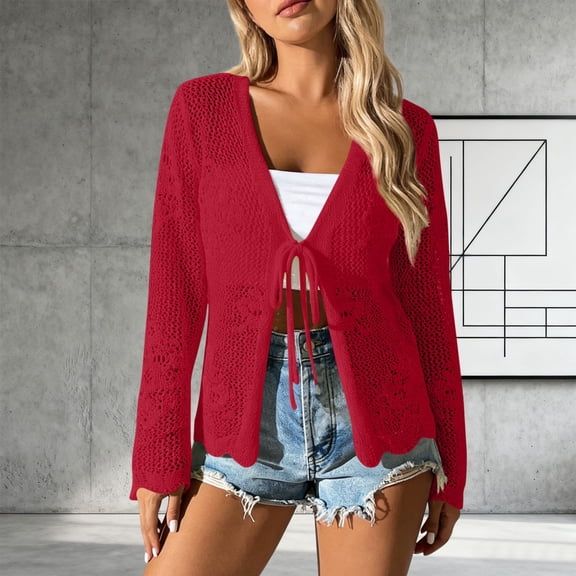 Yijfswar Women Front Cardigan Crochet Hollow Out Long Sleeves Summer Cardigans Beach Swim Cover Up
