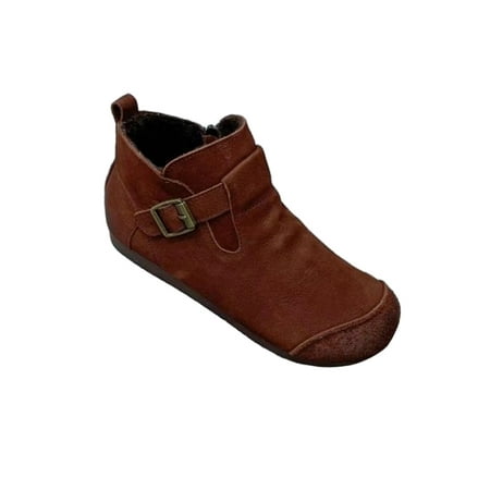 

Crocowalk Ladies Booties Flat Ankle Boots Strap Buckle Short Boot Anti-Slip Side Zip Winter Shoes Womens Casual Faux Suede Bootie Brown 5