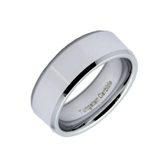 Metals Jewelry Unisex 8mm White Tungsten Carbide Polished Center Beveled Edge Wedding Ring Size 10