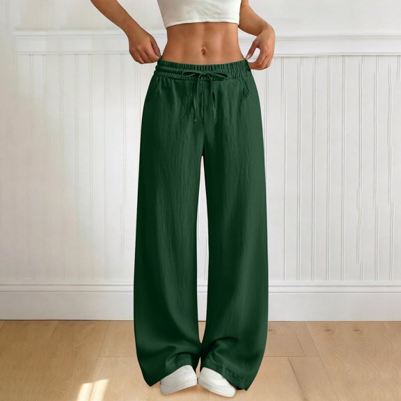 Ynynloco Women's Summer 100% Cotton Wide Leg Pants High Waisted Pull On Drawstring Waist Wide Leg Trousers Loose Palazzo Pants Resort Wear