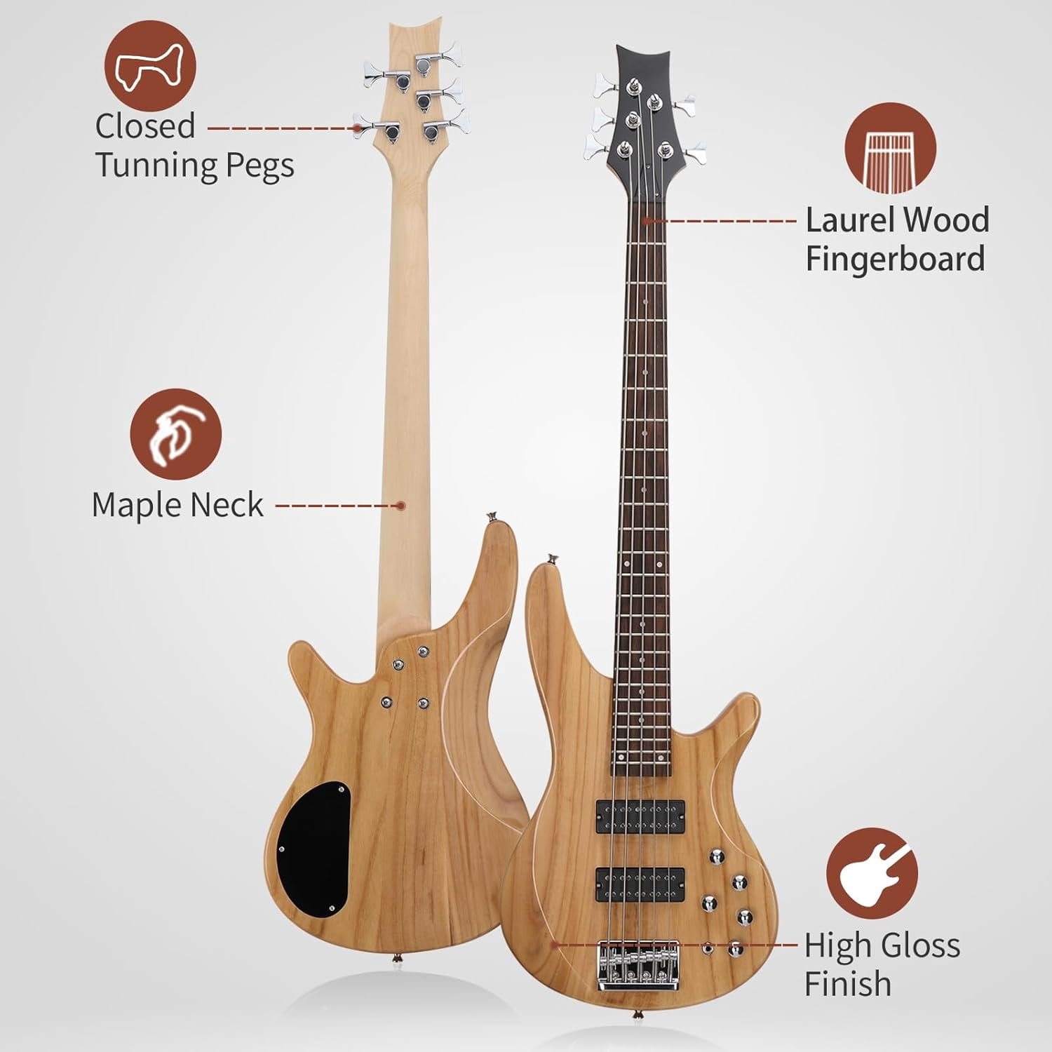 HarmonyStrings 5 String Electric Bass Guitar, Full Size Standard Right Handed Rosewood Fretboard Bass Kit with Gig Bag Strap Cable Wrench Tool Upgraded Natural