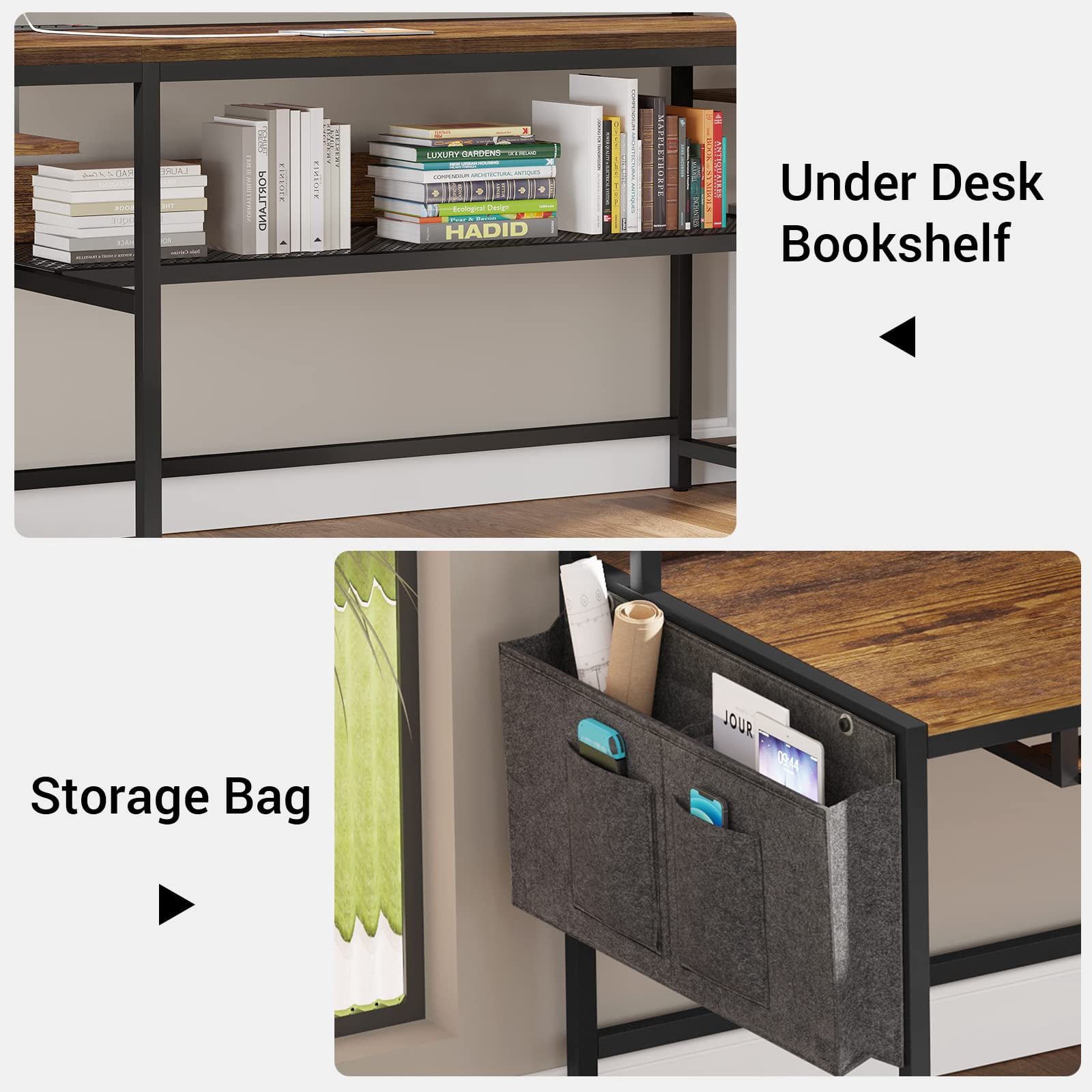L-Shaped Desk with LED Strips & Charging Station, 2 Person Computer Desk with Storage Shelves & Monitor Stand, Rustic Brown