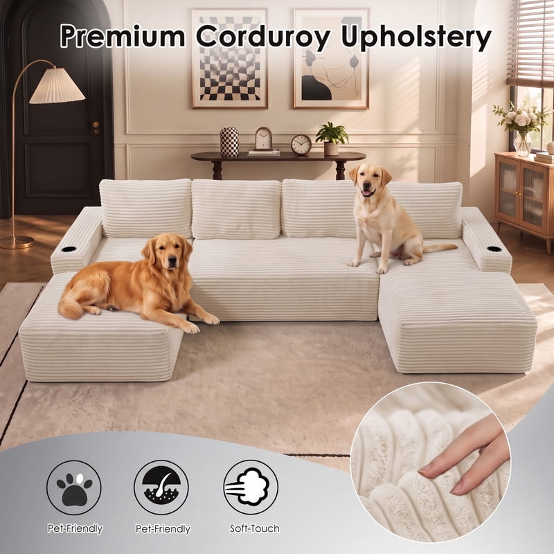 Anpport 133" Boneless Cloud Modular Sectional Couch, Corduroy Sofa with Cup Holders, Side Pockets, Deep Seat, No Assembly Required for Living Room, White (U‑Shaped)