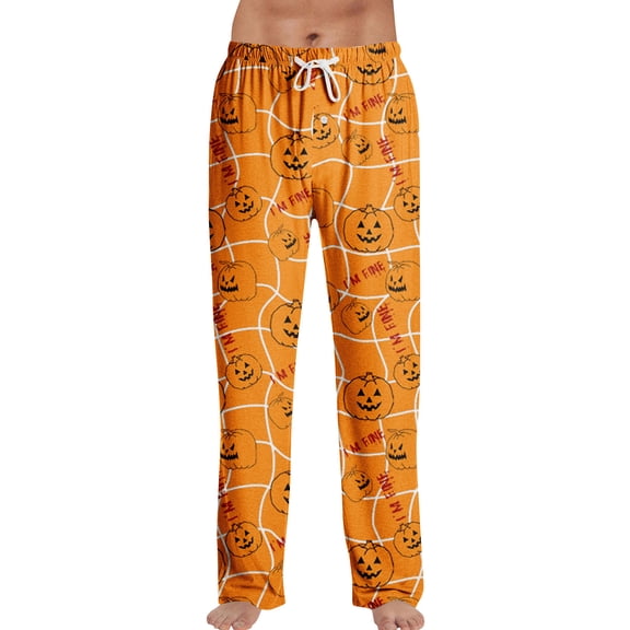 Garbnen Mens Halloween Pajama Pants Pumpkins Print Men's Pajama Pants Elastic Waist Drawstring Soft Fall Winter Wide Leg Lounge Pants for Men M
