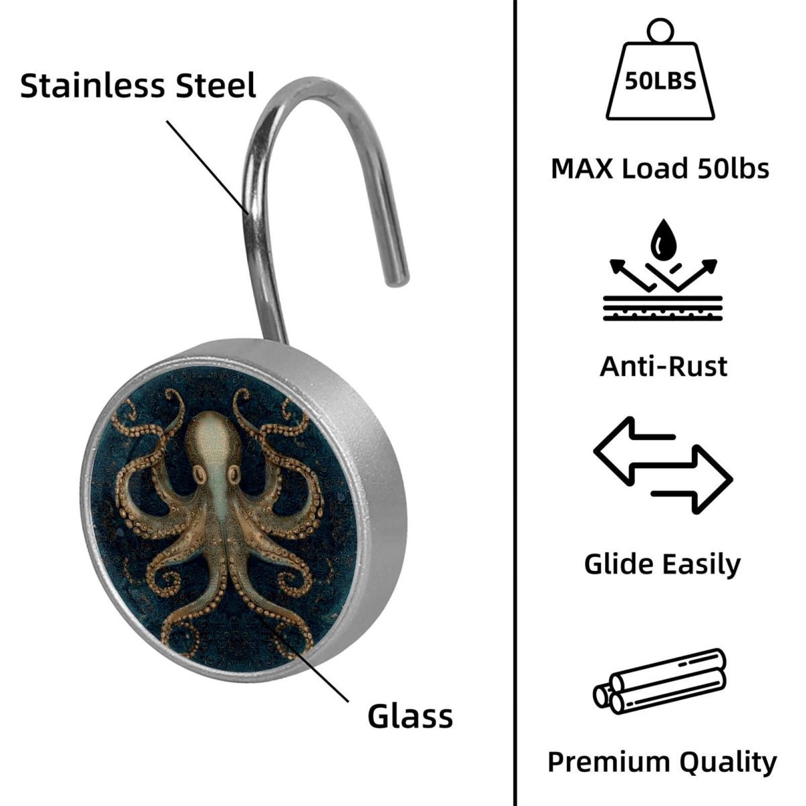 12pcs Decorative Shower Curtain Hooks, Rust Resistant Shower Rings for Bathroom Living Room,Rustproof Stainless Steel Rings for Shower Curtain and Liner Rods,Octopus Gold