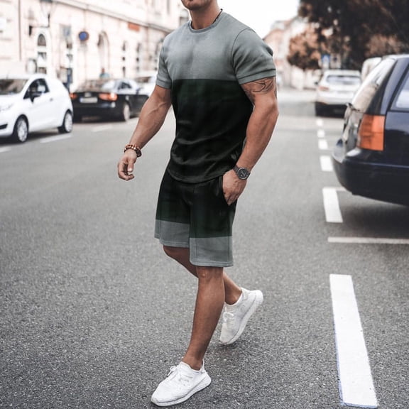 Vedolay Two Piece Short Outfits Men's Short Sets Outfits 2 Piece Summer Tracksuit Plaid Short Sleeve T Shirt and Shorts Set,Blue S