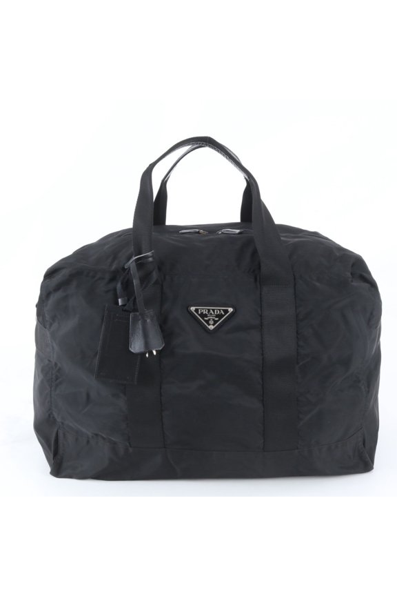 Pre-Owned Prada Tessuto Nylon Triangle Logo Leather Boston Handbag Tote Bag Black Men's