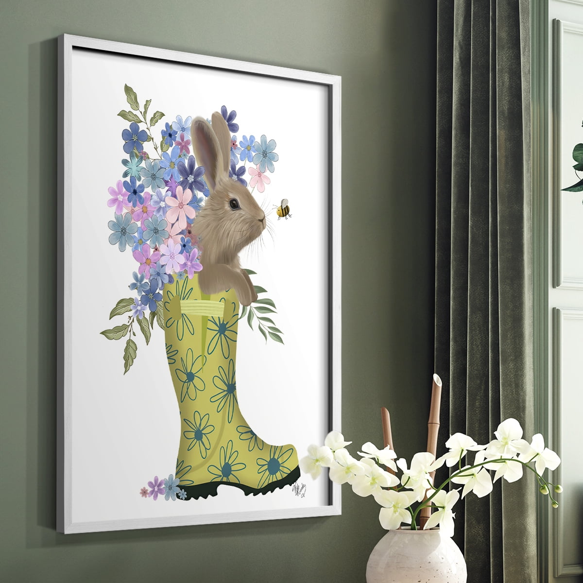 Welly Bunny And Bee Framed Print in White Solid Wood 8 x 10 Framed Print