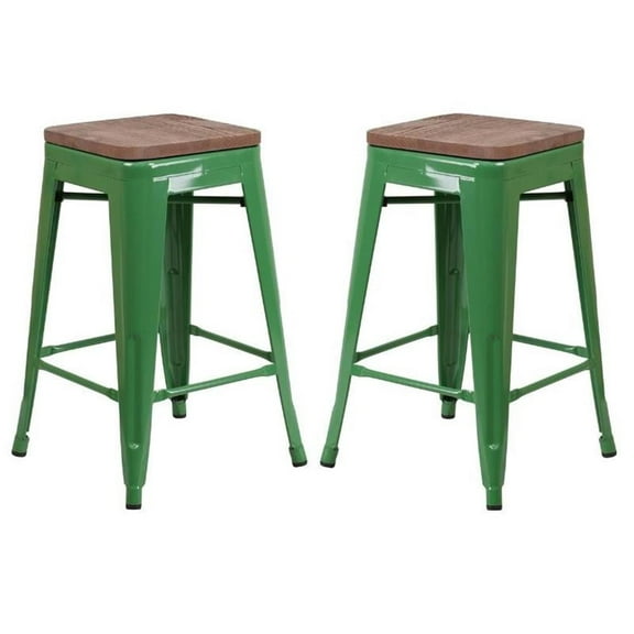 Home Square 24" Backless Metal Counter Stool in Green - Set of 2