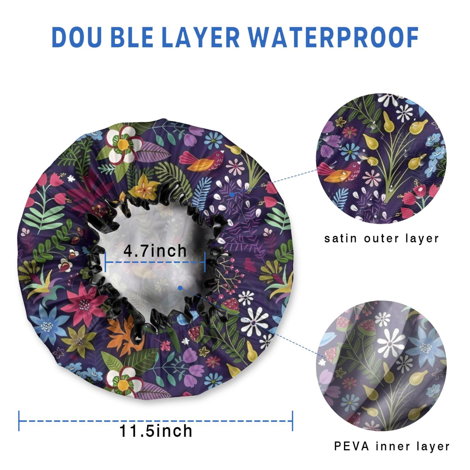 Shower Caps,Pioneer Flower Floral Print Pattern Waterproof Shower Cap for Women 4 Pieces,Double Reusable Hair Cover for Shower PEVA Elastic Stretch Hem