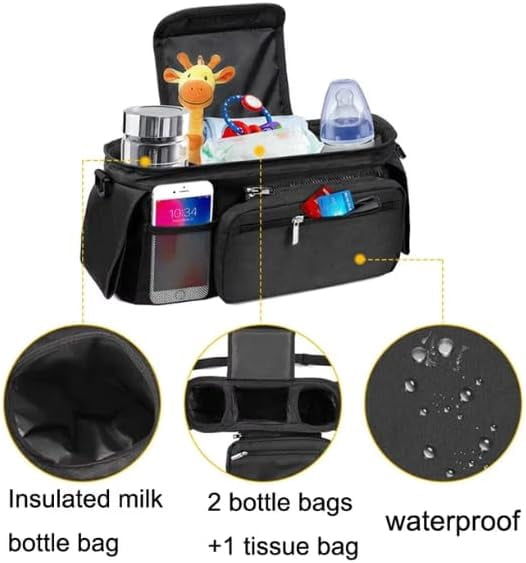 Universal Stroller Organizer with Insulated Cup Holder, Detachable Phone Bag, Shoulder Strap – Fits All Stroller Types, Keeps Drinks Hot/Cold