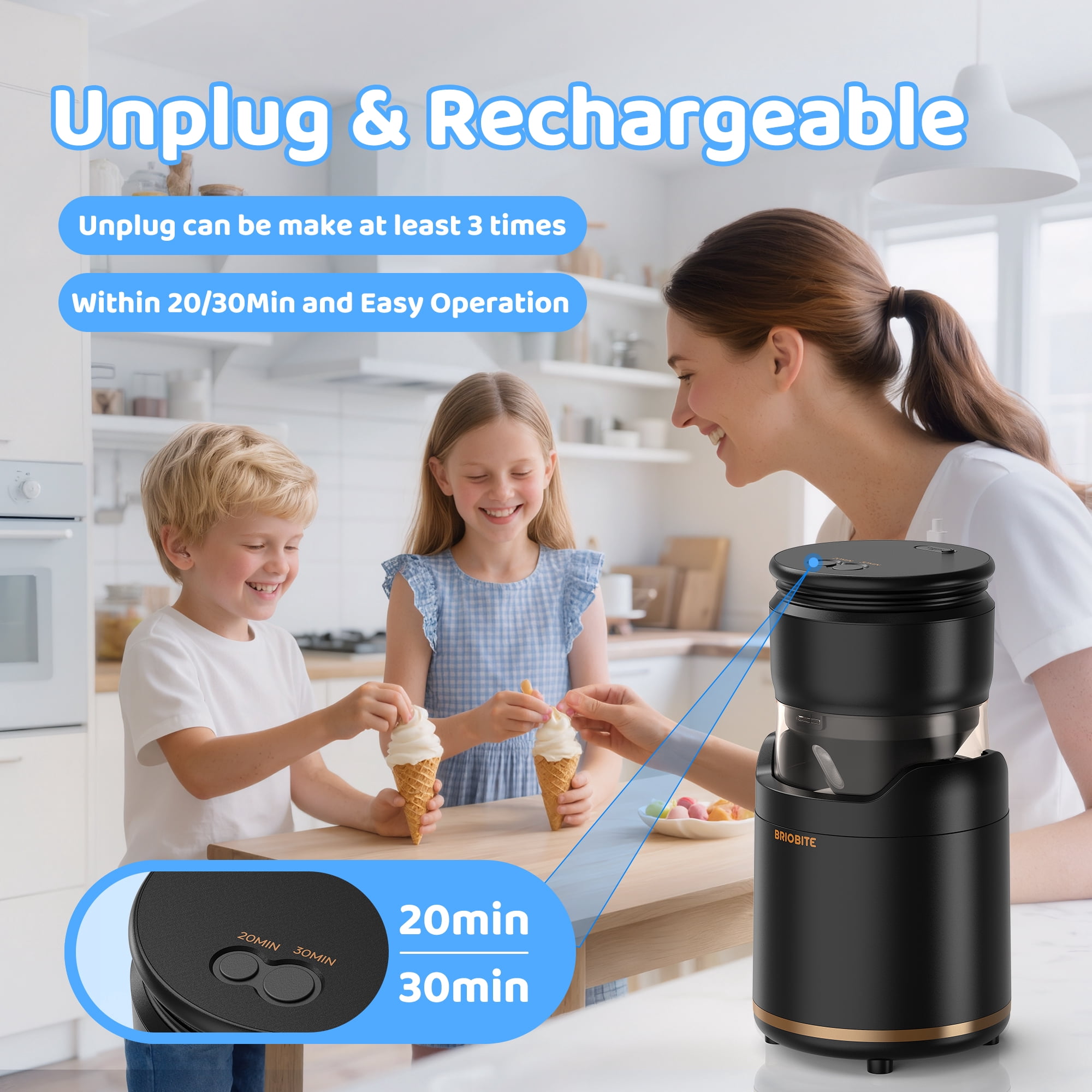 BRIOBITE Soft Serve Ice Cream Maker 0.5 Qt Rechargeable Mini Machine for Sorbet, Gelato, Frozen Yogurt Maker Black