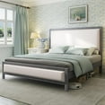 thumbnail image 3 of Merluxy Full Upholstered Platform Bed with Headboard, Solid Wood Bed Frame with Linen Headboard & Footboard Nailhead Trim, Noise-Free, Grey Blue, 3 of 6