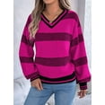 thumbnail image 3 of Womens Oversized Striped Tunic Sweaters Casual V Neck Long Sleeve Color Block Knit Pullover Jumper Tops Rose Red S, 3 of 8