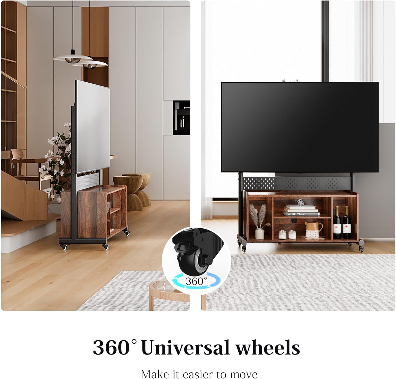 FITUEYES Rolling Entertainment Center for 50–85 Inch TVs, Black, Storage & Pegboard