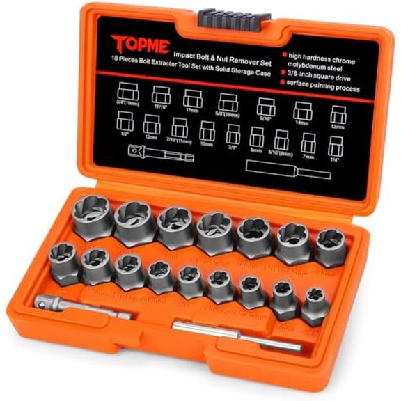 18 Piece Bolt Extractor Kit, 3/8" Drive Rounded Bolt & Nut Remover, Bolt Extractor Set with Hex Adapter-for Damaged, Frozen, Rusted, or Rounded-Off Studs, Bolts, Nuts & Screws