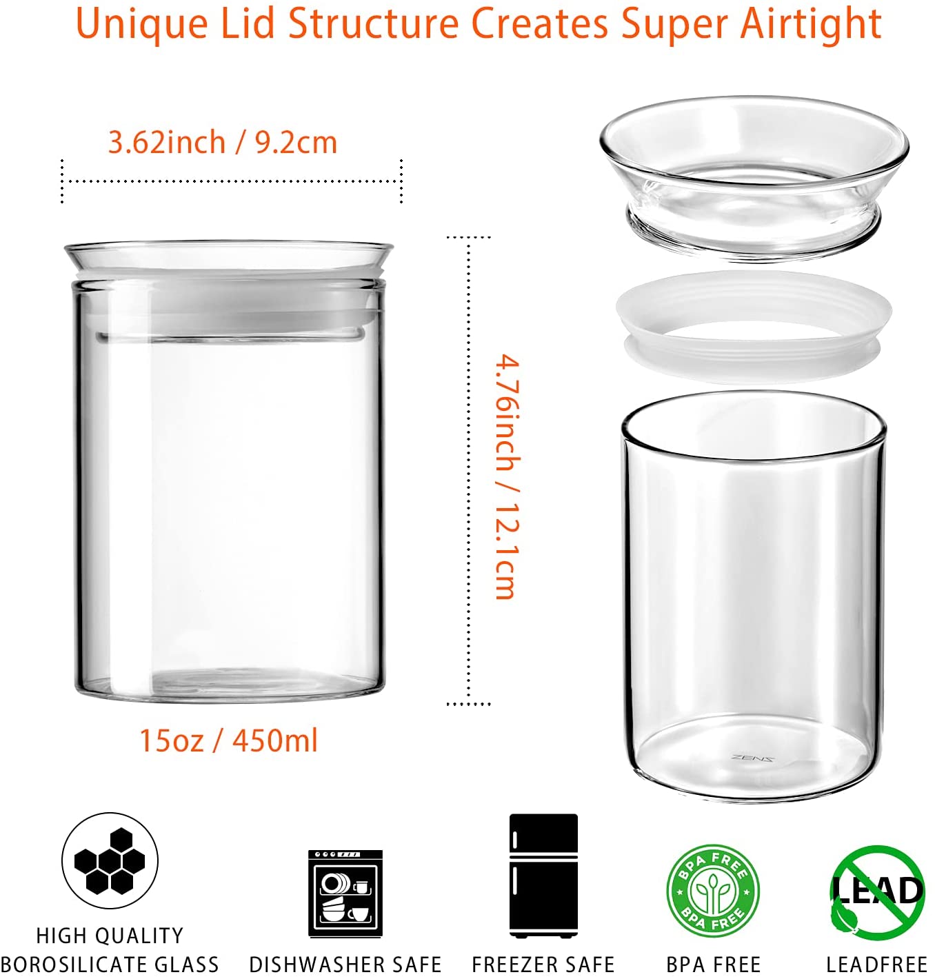 ZENS Glass Canister Set, Small Airtight Kitchen Storage Jars Clear 3 Pack  15oz Airtight Glass Canisters, Set of 6 Kitchen Storage Jars with Clear