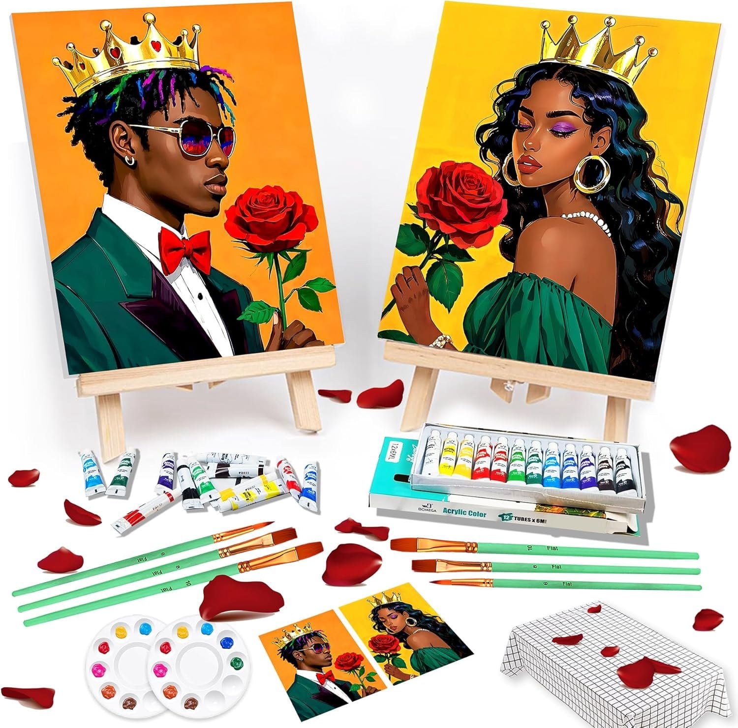 2 Sets 10x12 Couples Painting Kit Date Night, Sip and  Kit for Adults with Pre-Drawn Canvas (Easels Included),  for Date Night Painting and Sip Parties ( and )
