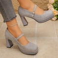 thumbnail image 4 of Hinvhai Womens Platform High Heels Chunky Block Heel Closed Toe Pumps Buckle Strap Wedding Dress Shoes Gray 9(42), 4 of 9