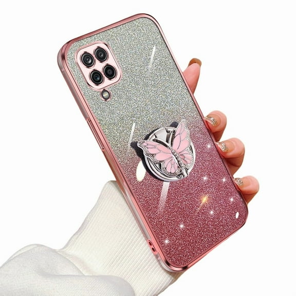 Glitter Cover Compatible with Samsung Galaxy A12 Case Butterfly Kickstand Case for Samsung A12 Soft TPU Electroplated Bling Shockproof Shell for Women Girls Cover for Galaxy A12