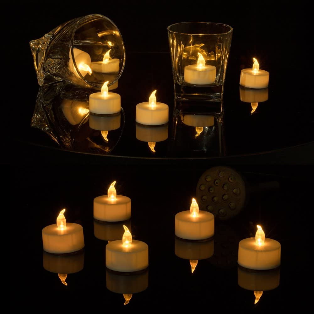 Realistic Bright Flameless LED Tea Light Candles, Bright, Flickering, Battery Powered Fake Candles, Unscented Tea Lights, Pack of 24