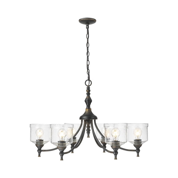 Lustre 6 Lumières en Fer Noir Antique avec Abat-Jour en Verre Martelé