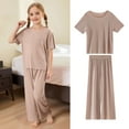 thumbnail image 2 of RUTAYY Girls Summer Outfits Sets Soft Ribbed Round Neck Short Sleeve Long Pants Set Casual Comfortable Loungewear Bohemian Style, Khaki, 18-24 Months, 2 of 6
