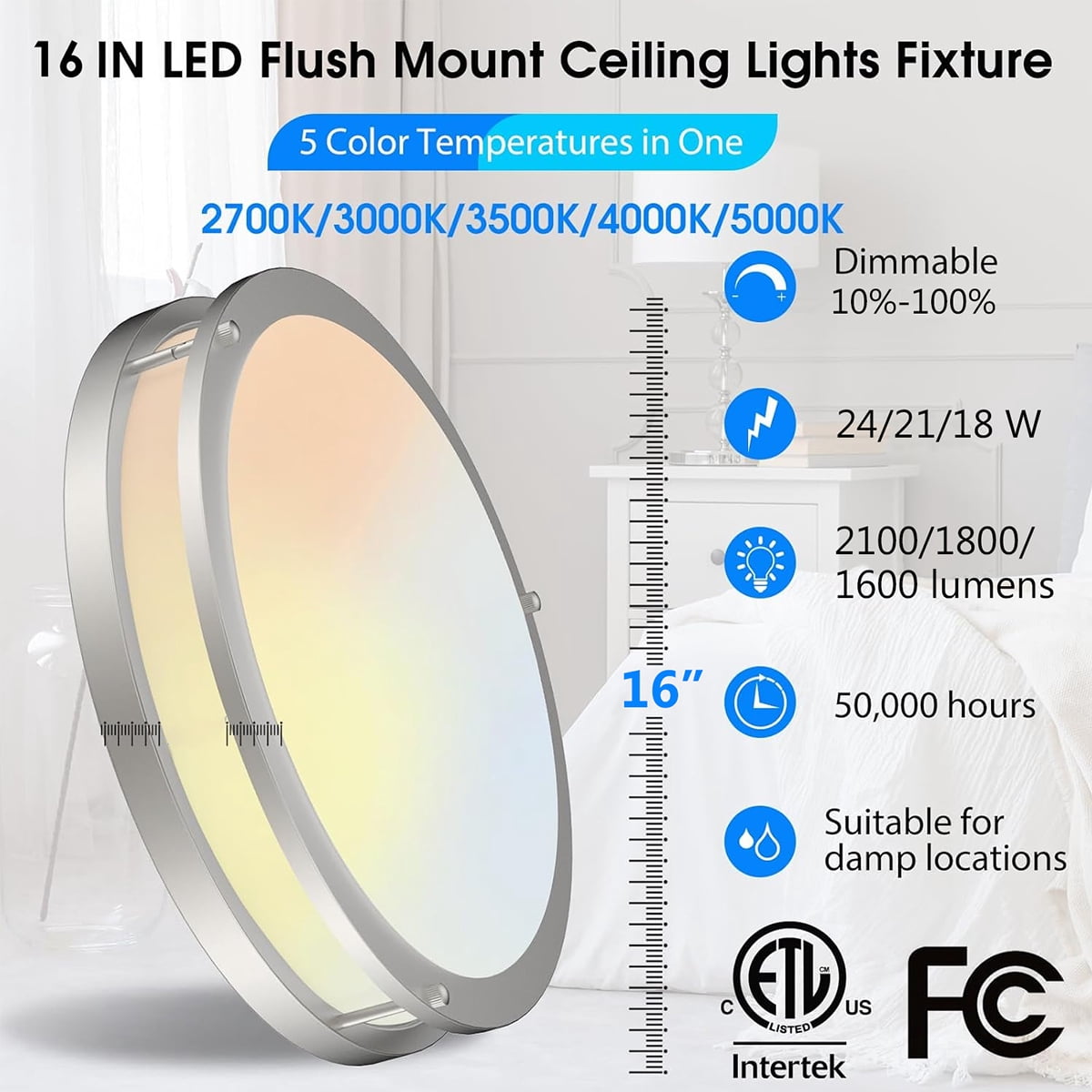 ENERGETIC 16" LED Ceiling Light, Dimmable Modern Flush Mount, Brushed Nickel, Selectable Color and Watts, 6 Pack