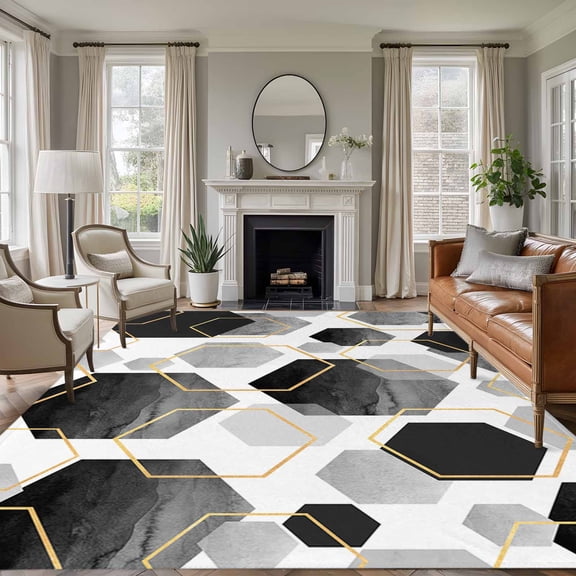 8x10 Area Rugs, Black Grey Non-Skid Rubber Backing Large Rectangle Rugs - Living Room Bedroom Home Office, Geometric Gold White Hexagon Modern Indoor Floor Mat Carpets Washable Rug