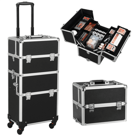 3 in 1 Professional Aluminum Rolling Makeup Trolley Artist Train Case Cosmetic Organizer Makeup Case(4 wheeler accessories)