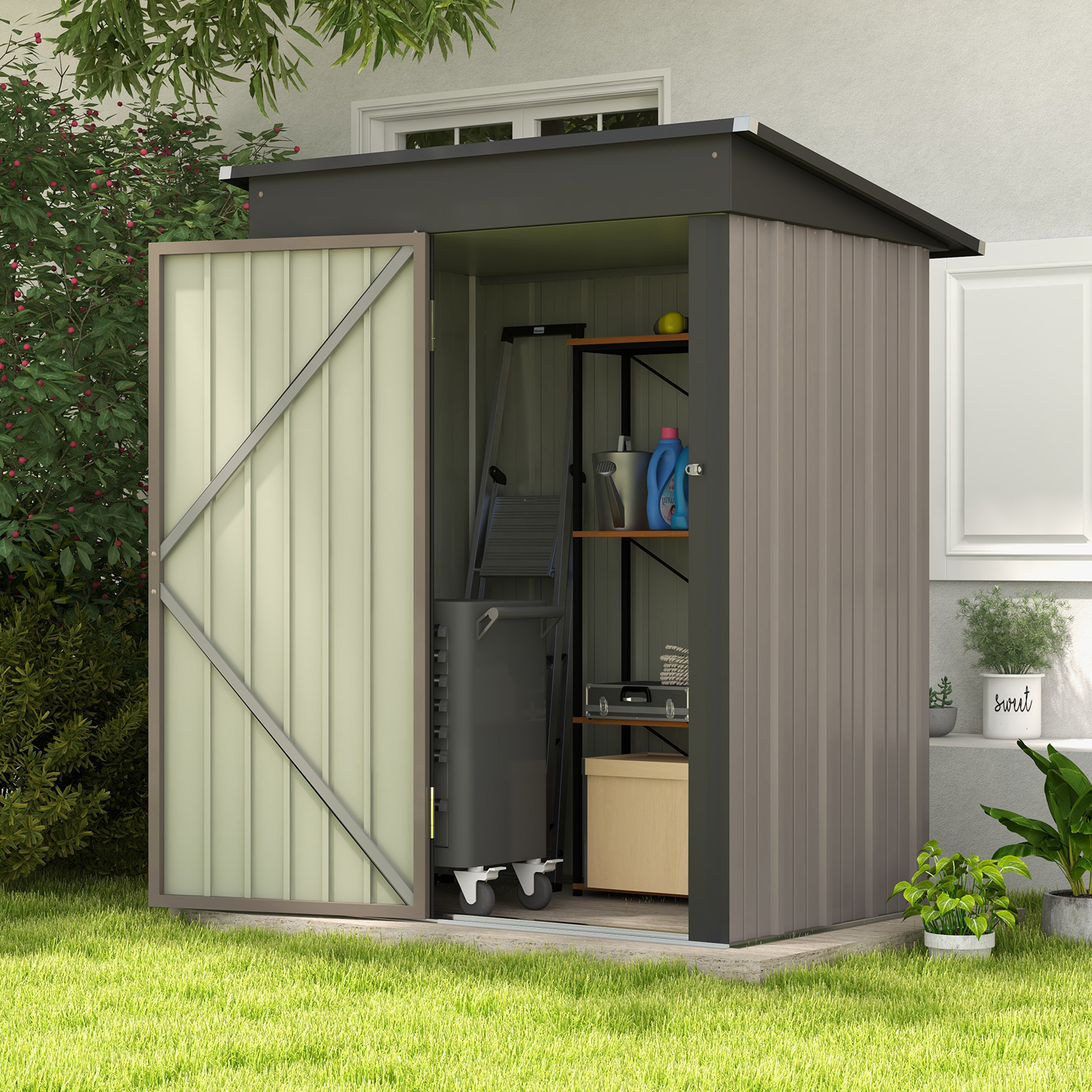 Patiowell Classic 5' x 3' Outdoor Storage Shed Metal Shed with Sloping Roof and Lockable Door, Brown - image 3 of 13