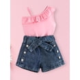 thumbnail image 6 of BemeyourBBs Toddler Baby Girls Summer Outfits Denim 2 Pieces Outfit Baby Girl Summer Clothes Sleeveless One Shoulder Ruffle Tank Vest Tops and Jeans Shorts Set with Belt, 6 of 9