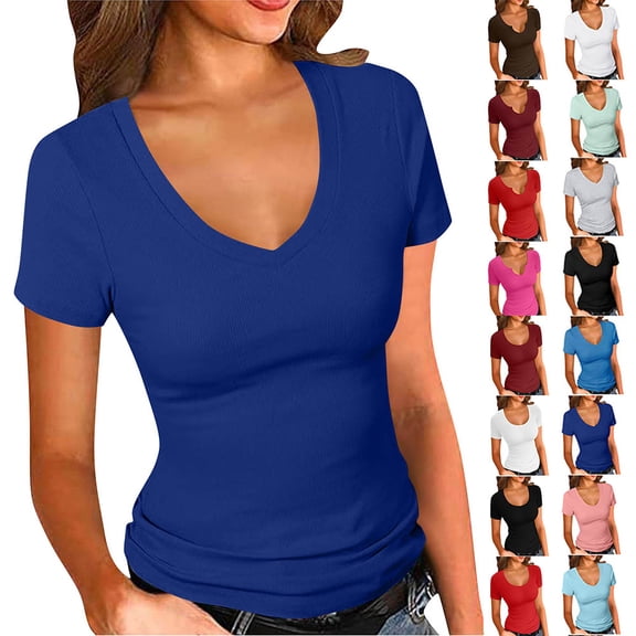 DailkTrvid Women Summer Basic Tee Casual Solid Color Tops Ribbed V-Neck Short Sleeve T-Shirt Fitting Stretchy Knit Top Slim Fit Blouses for Daily Wear