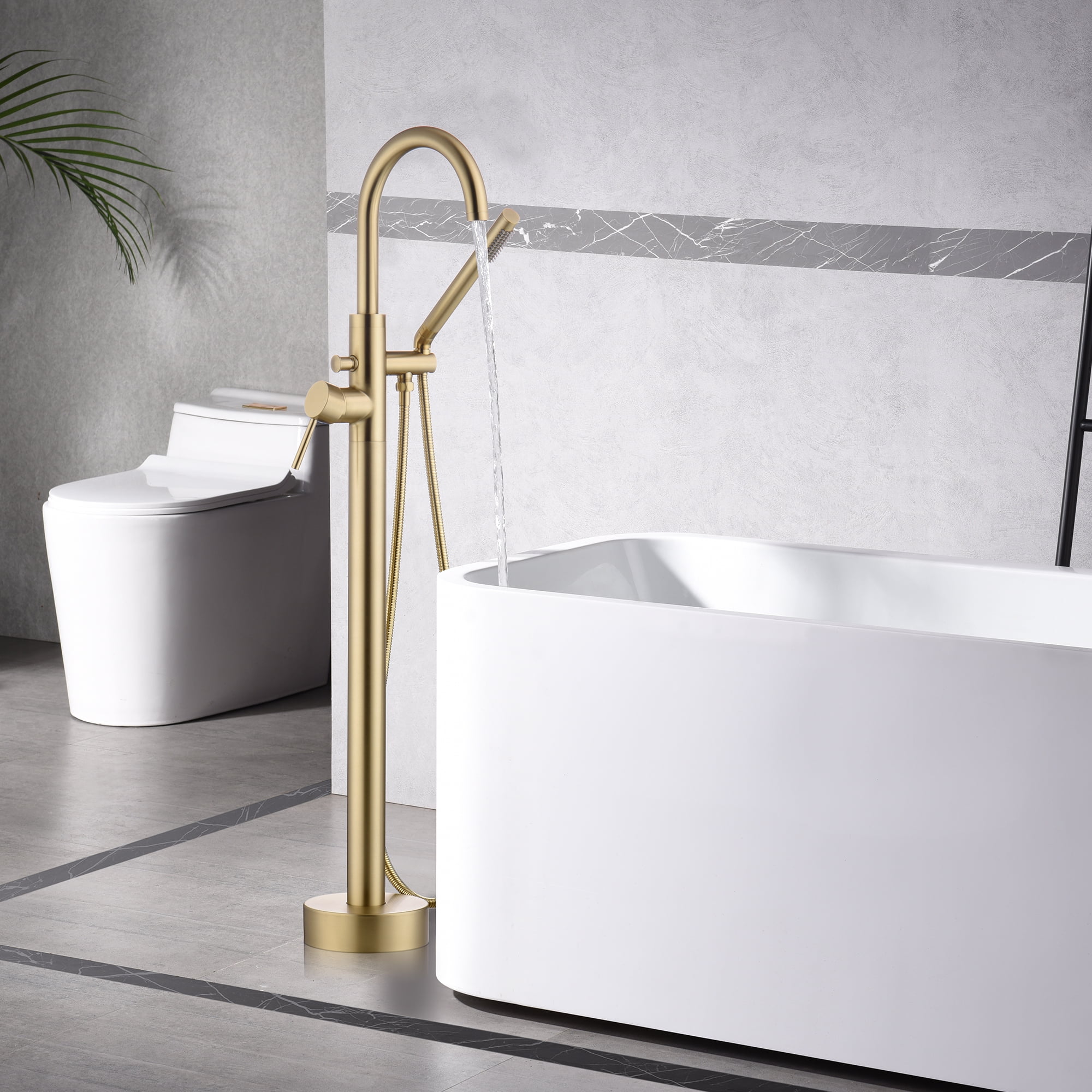sumerain Freestanding Tub Faucet Brushed Gold Floor Mounted Bathtub Faucet with Handheld Shower, High Flow Rate