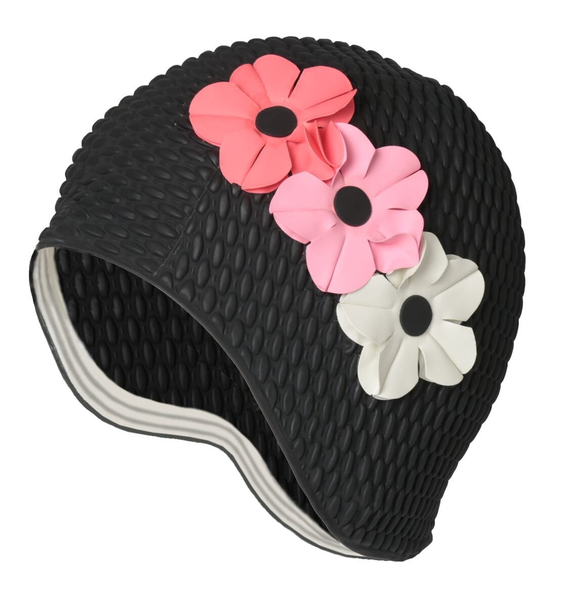Beemo Swim Bathing Caps for Women & Girls - Retro Style Latex Bubble Crepe Swimming Hat with Tripple Flowers for Long/Short Hair