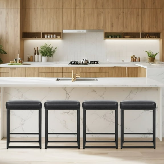 MF Studio 24" Counter Height Bar Stool Set of 4, Upholstered Faux Leather Backless Counter Stool for Kitchen Island, Black