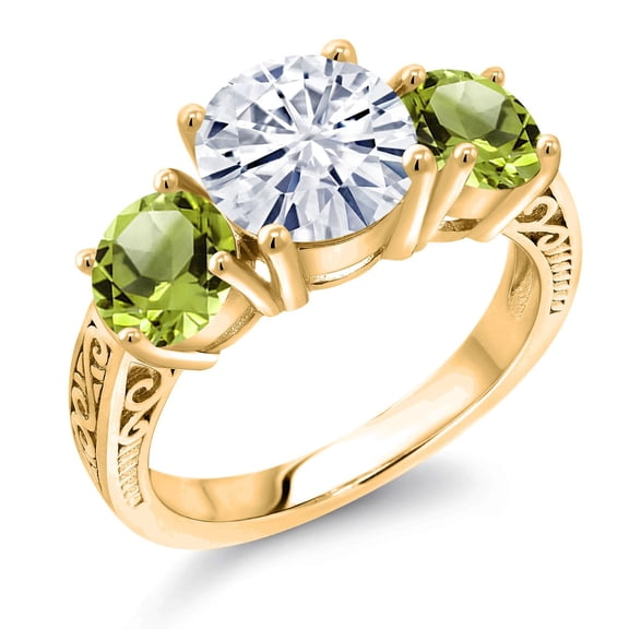 Gem Stone King 18K Yellow Gold Plated Silver White Moissanite and Green Peridot Engagement Ring for Women | 3.90 Cttw | Round 8MM | Gemstone Birthstone | Size 5