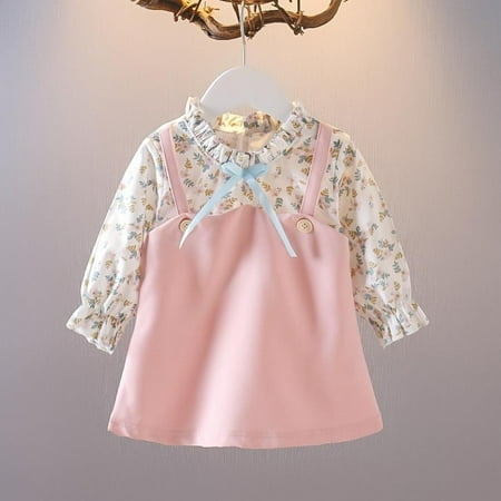 

Oaktree Baby Girl Autumn Floral Stand Collar Color Contrast Fake Two Suspenders Dress