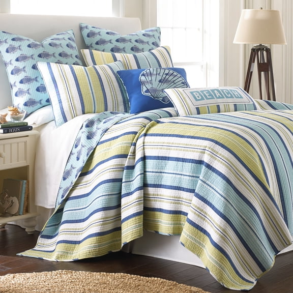 Levtex Home - Bayport Quilt Set - Full/Queen Quilt (88x92in) Two Standard Pillow Shams (20x26in) - Coastal Stripe - Green, Blue, White - Reversible - Cotton Fabric