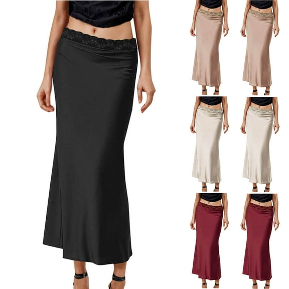 Bovxnpu Plus Size Skirts For Women, Women Long Satin Skirt High Waist Flowy A-Line Midi Skirts, Women's Solid Color Lace Waist Stitching Satin Skirt M