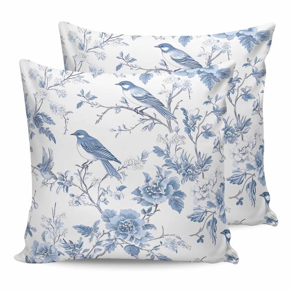 14x14 Pillow Covers Set of 2, White Blue Spring Floral Throw Pillow Covers Decorative Couch Cushion Case, Summer Birds Botanical Microfiber Square Pillowcases for Bedroom Car Living Room