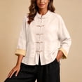 thumbnail image 6 of Nmnitkp Women's Cotton Linen Mandarin Collar Shirt Frog Button Contrast Cuffs Long Sleeve Loose Casual Top with Pockets for Fall Daily Work Loungewear Khaki,M, 6 of 6