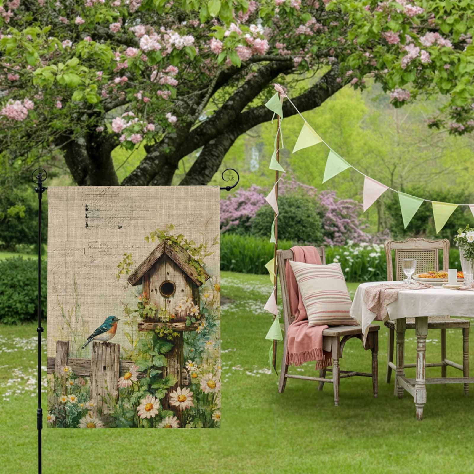 Spring Florals House Flag 28 x 40 Inches, Vintage Bird House Fence White Daisy Leaf Linen Texture Weather Proof Outdoor Patio Flags Double Sided Small House Decoration for Yard Lawn Outside Home