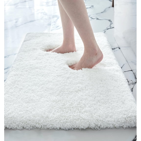 Fluffy Bath Mat 17x24 Inches, Non Slip Shaggy Plush Rug for Bathroom Floor, Absorbent Machine Washable Luxury Tub Shower Mat, Cloud-Like Softness, White
